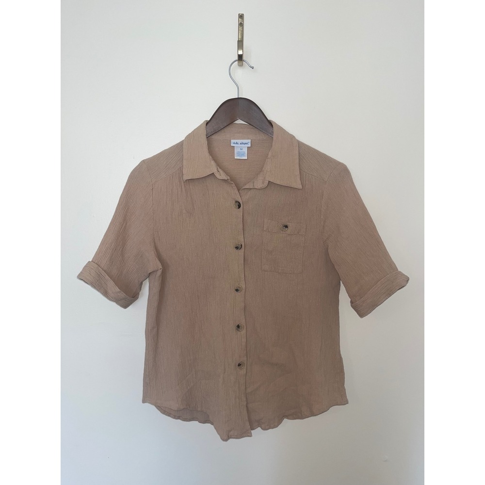 Vicki Wayne Vintage Tan 100% Cotton Button Down Short Sleeve Shirt 90s Y2K | MED